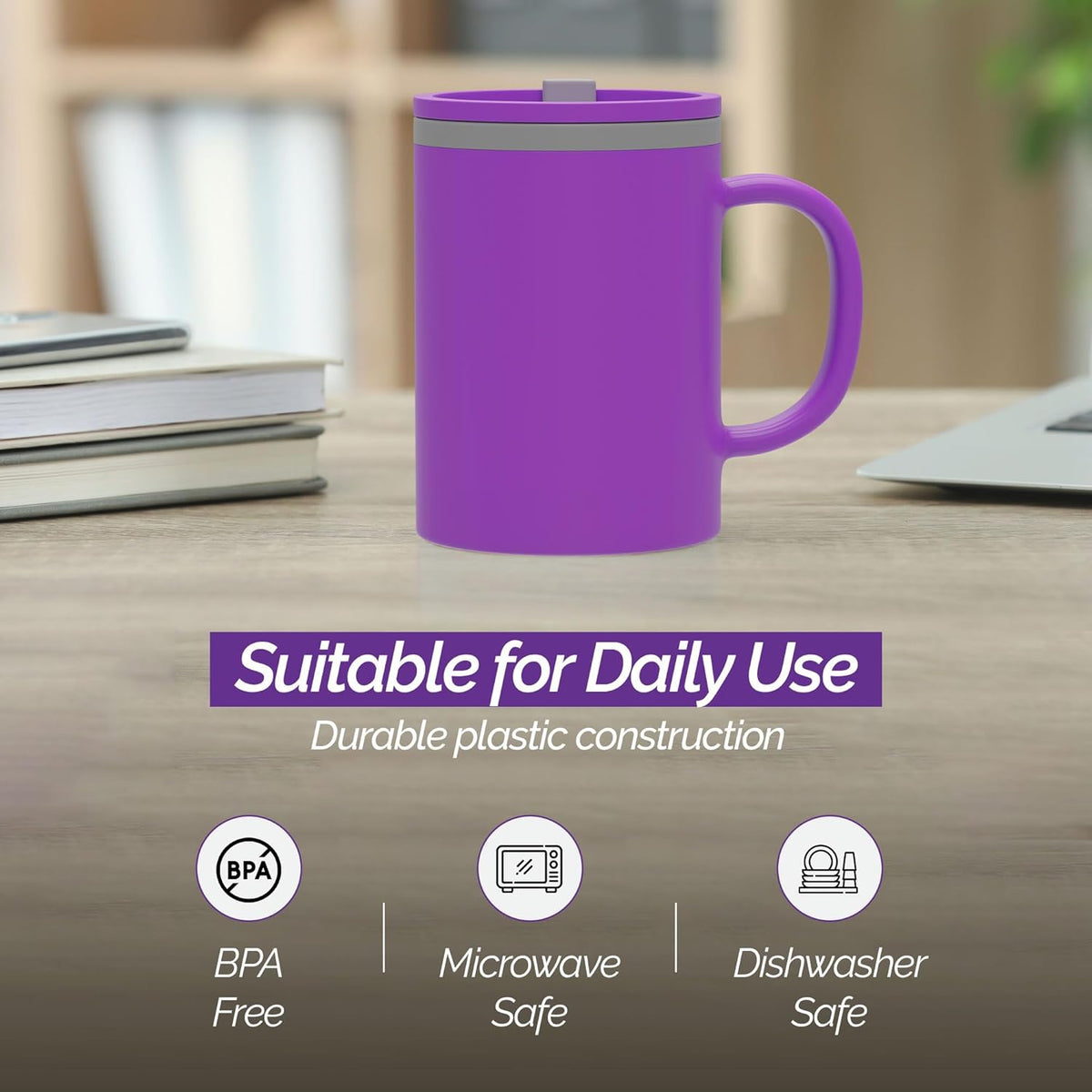 Copco Iconic 16oz Double Wall Insulated Desk Mug with Lid & Handle, Set of 2, BPA-Free Reusable Plastic, Spill-Proof, Microwave & Dishwasher Safe, Wide Mouth, Cup Holder Friendly (Purple/Light Purple)