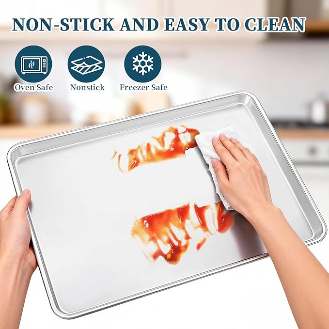 Full Size Commercial Quality Baking Sheet Pan, Bastwe Aluminum Cookie Tray Pan for Oven, Freezer, Bakery, Hotel Restaurant, Thick Steel Rim Prevents Warping (12 Pack, 26 x 18 Inch)