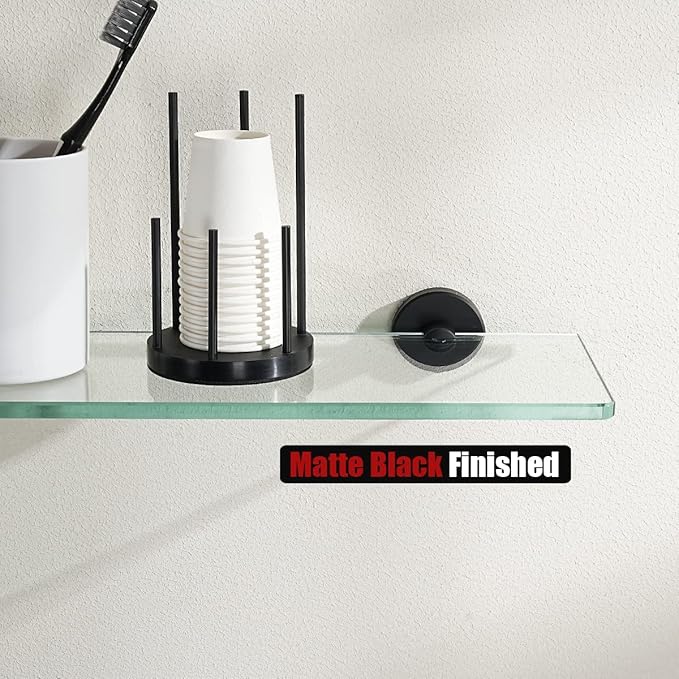 JQK Bathroom Glass Shelf Black, Tempered Glass Shower Storage 14 by 5 inches, 304 Stainless Steel Matte Black Wall Mount, TGS101L14-PB