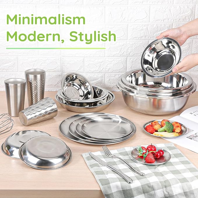 304(18/8) Stainless Steel Mixing Bowls for Kitchen, 10 Pack 8.7" 34.88 fl.oz Metal Mixing Bowls Set Stackable for Baking Serving Cooking Food Prep Storage Dishwasher Safe Lightweight