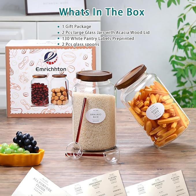 2-pack 3/4 gallon glass storage container with Acacia Wood Lids and glass spoon, Sealable Waterproof, Large Tall Glass Jar,Glass food storage Jars Set for Coffee bean, Nut, Candy, Cereal, Flour,sugar
