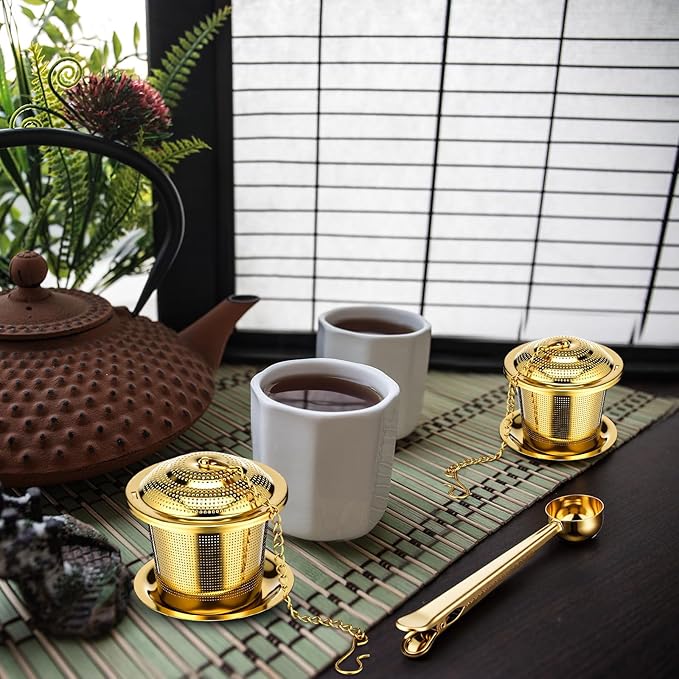 Umigy 4 Pcs Tea Infuser Strainers for Loose Tea with Scoop, Extra Fine Mesh Steeper 304 Stainless Steel Diffuser Leaf Holder with Extended Chain Hook for Brew, Spices, Seasoning, Gold