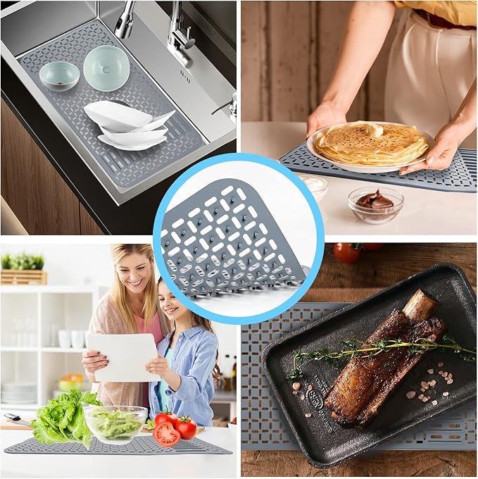 Silicone Sink Mat 26''x14'' Kitchen Sink Protector Mat With DIY Drain Hole, Grey Farmhouse Silicone Sink Mat Protector 1pcs Kitchen Sinks Accessories