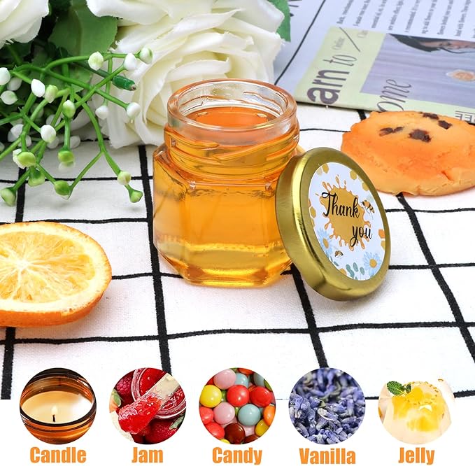 XING-RUIYANG 60 pack 1.5 oz Mini Honey Jars,baby shower favors,There's honey sticks, bee pendants, stickers and gold goodie bags,Suitable for wedding party gifts