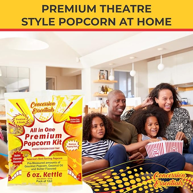 Concession Essentials 6oz Popcorn Portion Packs – Pre-Measured Kernels, Oil & Salt – Case of 12 Packs for Perfect Popcorn Every Time