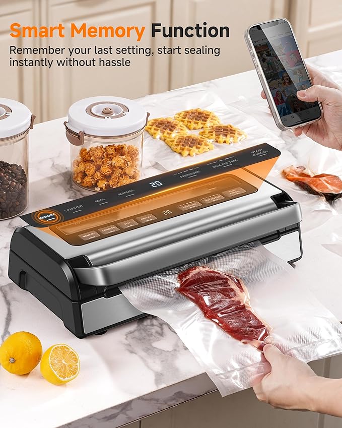 95KPa Automatic Vacuum Sealer, 9-in-1 Food Sealer for Dry/Moist/Liquid Foods, Double Heat Seal & Pump, Includes Bag Rolls & Hose, Stainless Steel