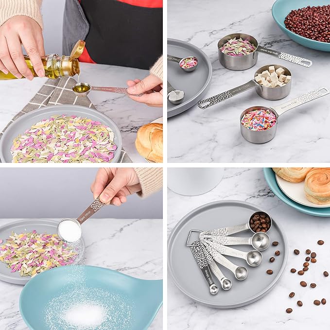 18/8 Stainless Steel Measuring Cups and Spoons set 14 for Baking & Kitchen, 5 Metric & US Measuring Cups and 6 Measuring Spoons,1 Leveler and 2 Rings for Dry & Liquid