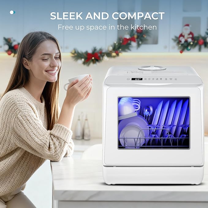 EUHOMY Countertop Dishwasher Portable with 6 Programs, 5L Built-in Water Tank for Apartments, 167โ High-Temp, No Hookup Needed, Mini Dishwasher with Baby Care, Air Dry/Quick/ECO/Fruit/Normal, White