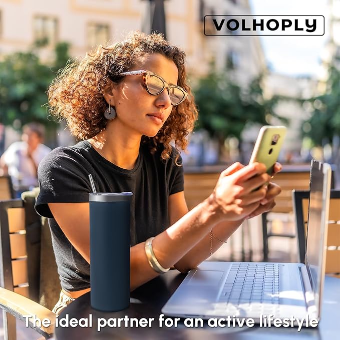 Volhoply 12 Pack Skinny Tumblers with Lid and Straw, 20oz Stainless Steel Straight Tumbler Bulk, Vacuum Insulated Coffee Mug for Home, Office, Travel, DIY (Navy,12 Pack)
