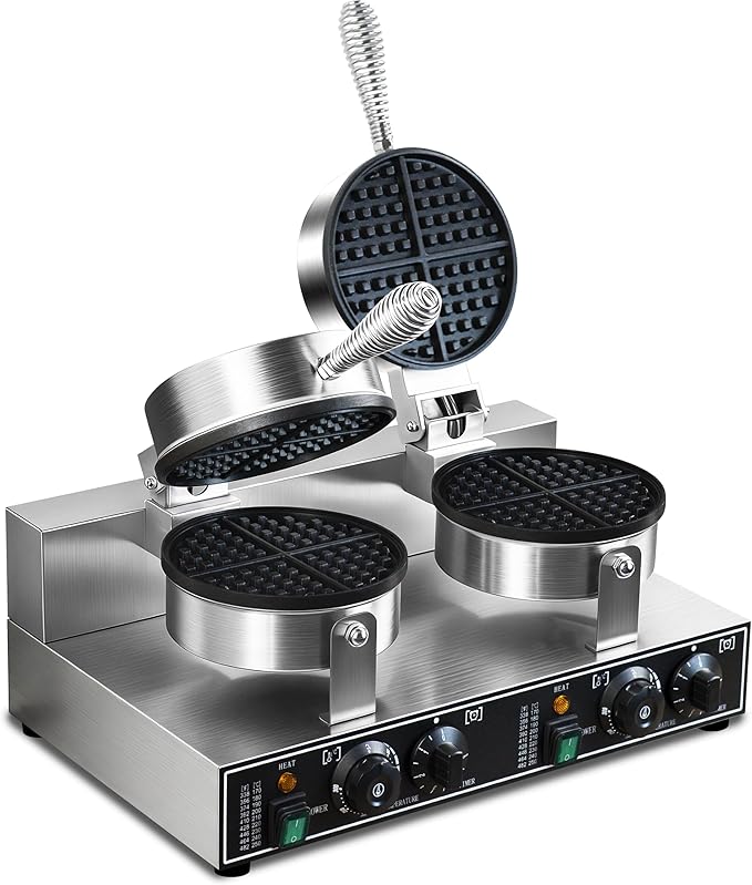 110V 2600W Commercial Double Waffle Maker,Non-Stick Commercial Waffle Baker,Stainless Steel Belgian Waffle Iron for Restaurant Party Food Stall, Bakery Snack Bar Family