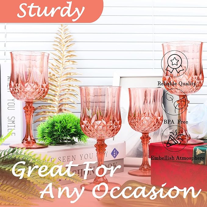 Plastic Wine Glasses, Plastic Goblets Vintage Style Cordial Unbreakable Drinking Glasses, Reusable Drinkware for Wedding Reception, Grand Event Party Supplies (48, Rose Gold)