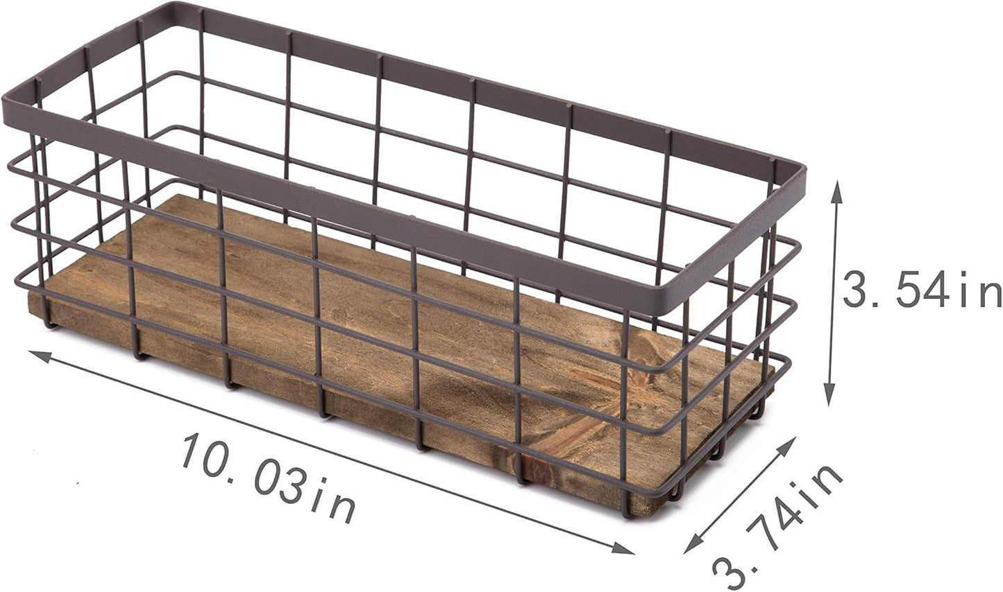 TIEYIPIN Small Metal Wire Storage Basket, Detachable Wood Base Storage Organizer Bin Basket for Kitchen Cabinets, Bathroom, Pantry, Garage, Laundry Room - Brown