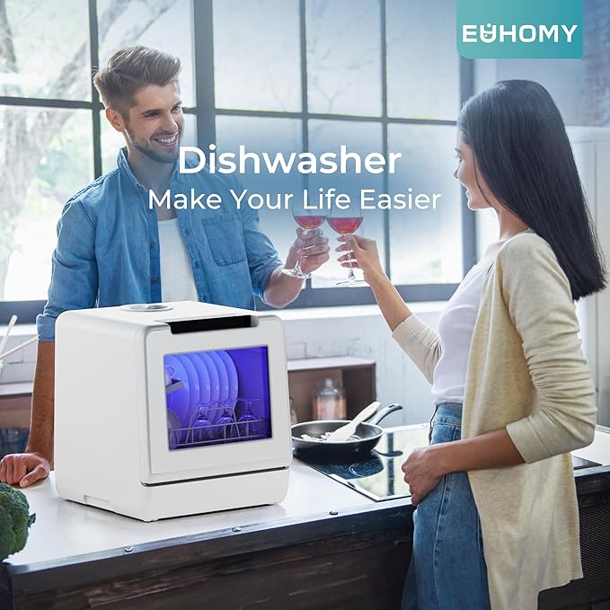 EUHOMY Countertop Dishwasher Portable with 8 Programs, 5L Built-in Water Tank, 167โ High-Temp, No Hookup Needed, Portable Dishwasher with Slef-Clean/Baby Care/Air Dry/Quick/ECO/Fruit/Normal Mode