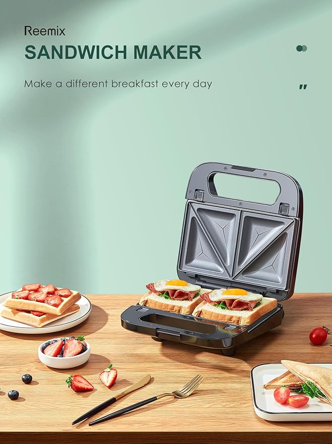 Reemix 3-in-1 Waffle, Grill & Sandwich Maker, Panini Press Grill and Waffle Iron Set with Removable Non-Stick Plates, Perfect for Grilled Cheese, Tuna Melts, Burgers, Steaks (Black, Stainless steel)