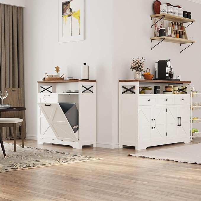 Double Tilt Out Trash Can Cabinet for 13*2 Gallon Garbage Can, Farmhouse Kitchen Garbage Trash Bin for Hidden Laundry Basket, Dual Dog Proof Recycling Cabinet for Bathroom, Living Room, White
