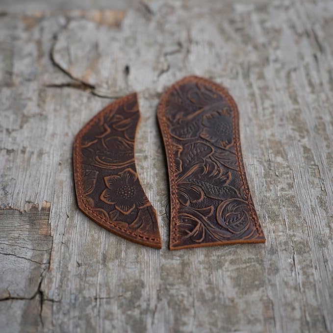 JJNUSA Leather Cast Iron Handle Cover,Skillet Handle Cover, Handmade Full Grain Crazy Horse Leather Handle Protector (2 Pack) Flower Brown