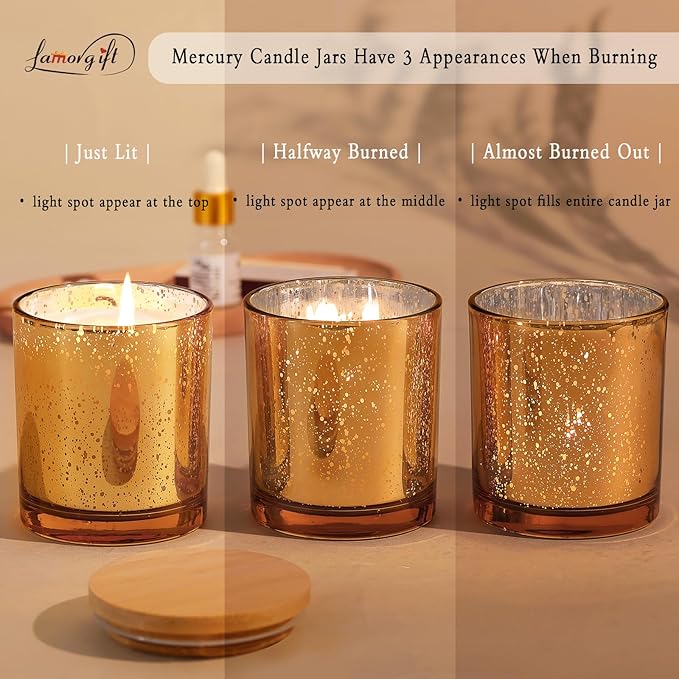 LAMORGIFT 12 Pack Gold Mercury Glass Candle Jars (10oz) with Lids - Candle Makes Accessory Set Including 15 Labels