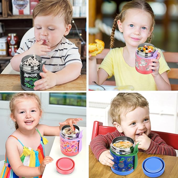 10oz Soup Thermo for Hot Food Kids,Lunch Thermo Kids Food Jar with Spoon Hot Insulated Food Containers,Leak Proof Stainless Steel Wide Mouth Lunch Thermo Jar for School(Pink-Rainbow)