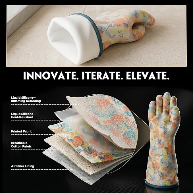 Heat Resistant Gloves for Cooking Thickened Silicone Coating Cotton Liner Waterproof Food Grade Graffiti-Art Printing Medium