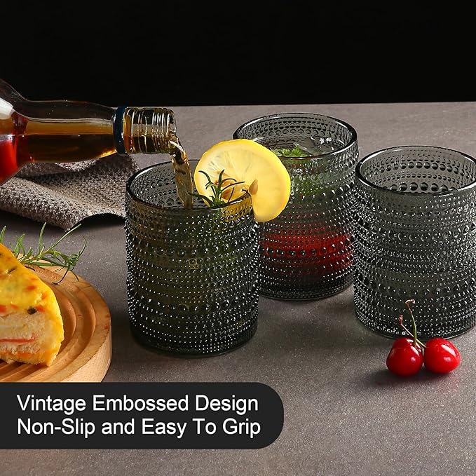 ZMOWIPDL Vintage Glassware Drinking Glasses Set of 6,12 oz Hobnail Glass Cups,Embossed Grey Water Tumbler,for Beer,Cocktail,Whiskey,Juice and Various Mixed Drinks- 1 Cleaning Brush