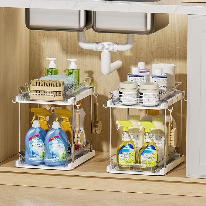 Delamu 2 Tier Bathroom Under Sink Organizers and Storage with Hook, Multi-Purpose Cabinet Drawers with Movable Dividers, Pull Out Organization for Countertop, Kitchen and Pantry(White, 2 Pack)