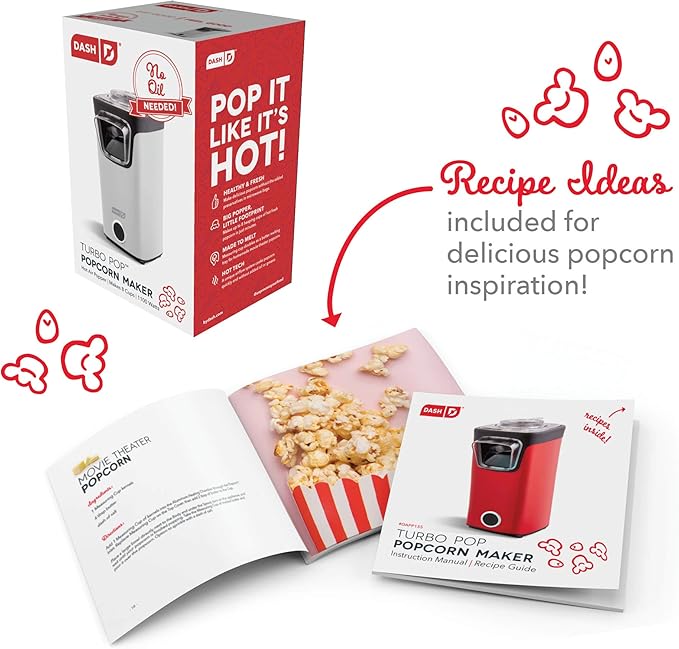 Dash Turbo Pop Popcorn Maker - Theater-Style Popcorn Machine - Comes with Measuring Cup & Butter-Melting Tray - Convenient, Space-Saving Design - 8 Cups, White