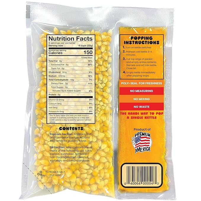 Handi-Pak Gourmet Popcorn Kit, 36 Pre-Portioned Packs for 6 oz Poppers, Movie Theater Style, Butter Coconut Oil, Popcorn Packet with Kernels & Seasoning