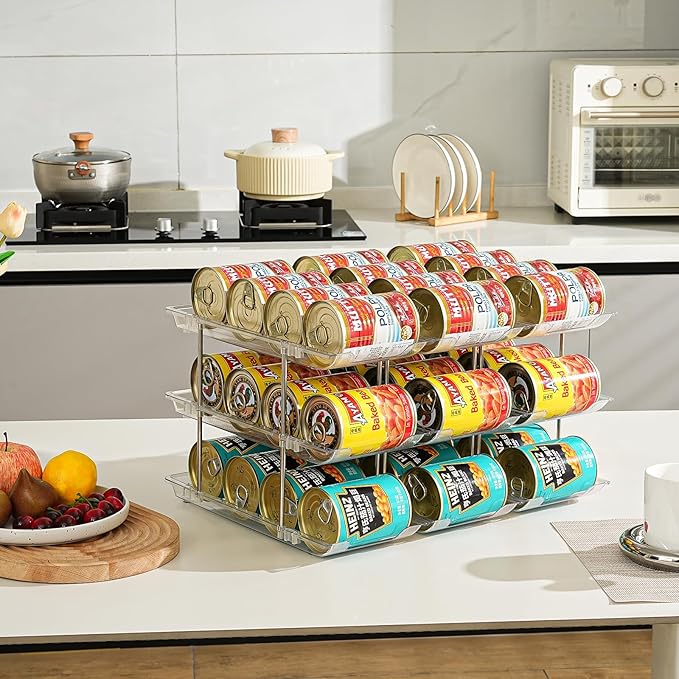 Amllas Can Organizer for Pantry, Stacking Can Storage Organizer Pantry, Automatic Rolling Can Rack for Fridge, 3Tire 3 Columns Can Holder for 36 Cans, Canned Goods Organizer