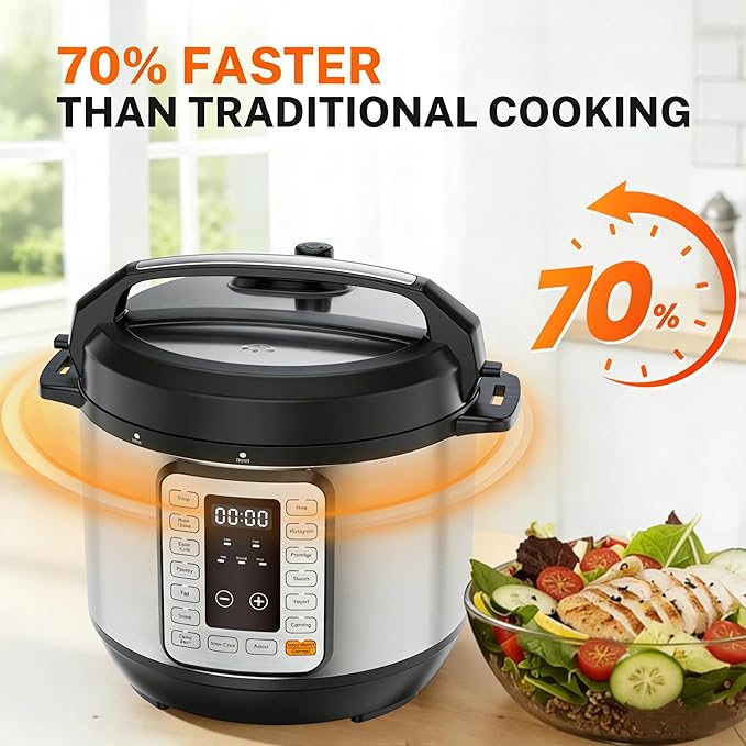 Simple Deluxe 8QT Electric Pressure Cooker, 16-in-1 & Non-Stick Stainless Steel Multi Cooker with 12 Presets for Slow Cook, Meat Stew, Steam, Sauté, Canning, Yogurt Maker, Dishwasher Safe, Silver