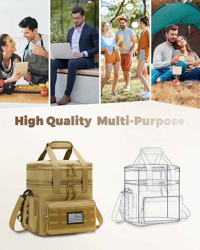 holuxer Tactical Lunch Bag & Lunch Box for Men - Large Double Deck Expandable Insulated Soft Adult Lunchbox for Work - Cooler Bag for Beach, Picnic, Camping,Outdoor,Travel (Brown,16L)