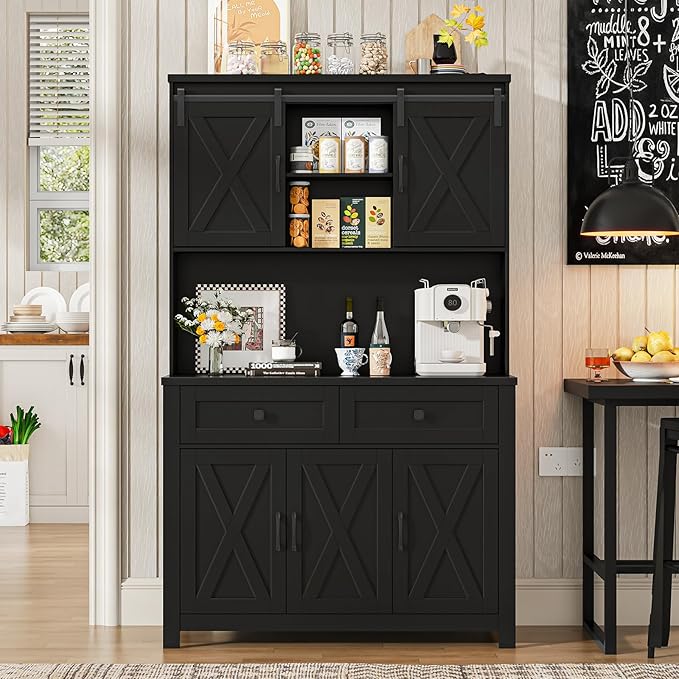 67.7 Inch Farmhouse Pantry Storage Cabinet with Sliding Barn Doors, 2 Drawer Farmhouse Coffee Cabinet with Adjustable Shelf, Side Board with Buffet Cupboard for Livingroom Kitchen, Black