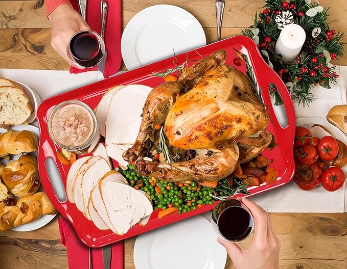 Red Christmas Serving Tray with Handles, 19''x11.6'' Extra Large Red,Melamine Platters Set of 2, Rectangular Trays for Serving Food, Turkey, Cookie, Cupcakes, Desserts, Dishwasher Safe, BPA-Free
