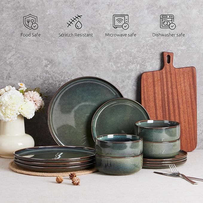 E-far Dinnerware Sets for 4, 12-Piece Stoneware Plates and Bowls Set, Ceramic Dishes Reactive Glaze Dinning Ware, Microwave & Dishwasher Safe - Obsidian Green