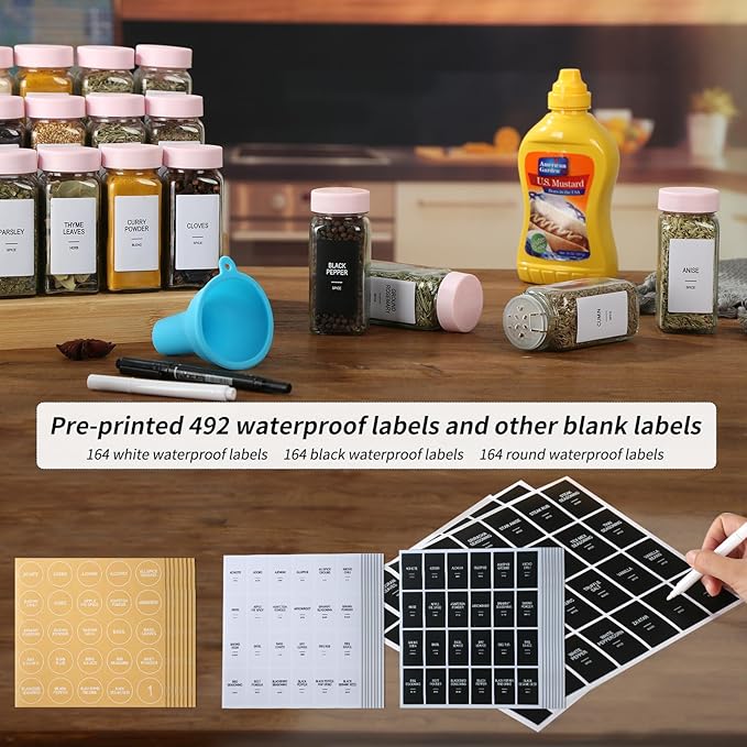 48 Glass Spice Jars with Labels, Spice Jar Set, 4oz Seasoning Containers, Spice Containers with Pink Airtight Lids and Shaker Lids, Square Empty Spice Bottles, 492 Labels, 1 Funnel