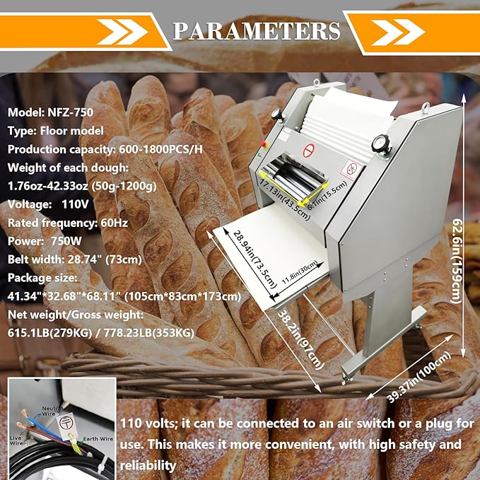 Commercial Baguette Shaper Machine 50g-1200g Adjustable Dough Roller for French Bread, 1800pcs/hr High-Capacity Bread Molder with Wool Belt, Bakery Equipment 110V