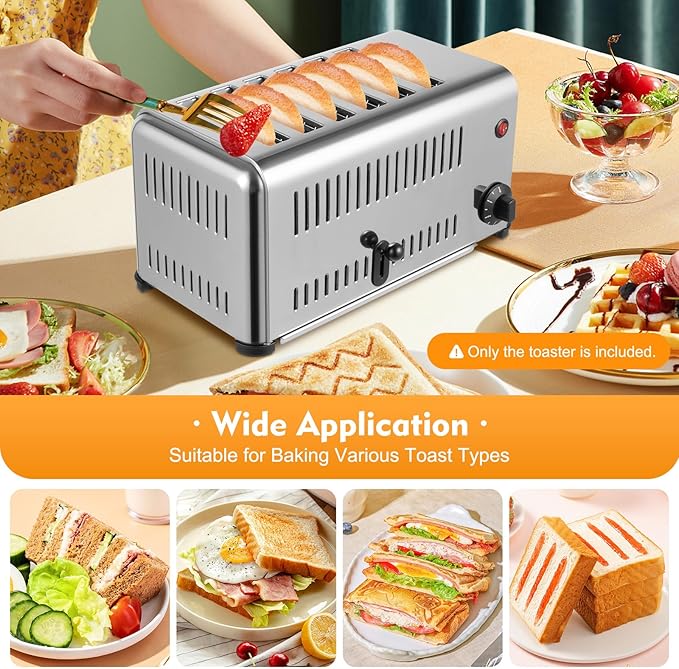 Electric 6 Slice Toaster, 1680W Stainless Steel Commercial Toaster with 6 Wide Slot, 1-5 Minute Timer Bread Baking Machine with Crumb Tray or Home Bakery Restaurant Dessert Store