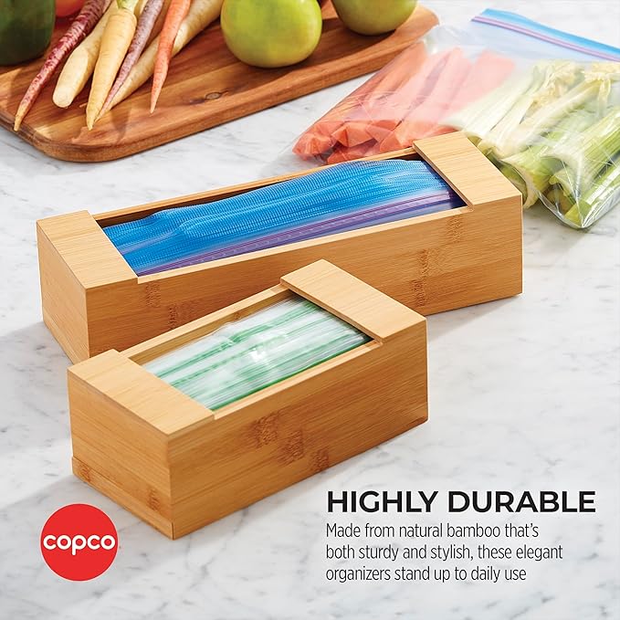 Copco Set of Resealable Storage Bag Organizers for Gallon, Quart, Sandwich and Snack Size featuring Wide Opening for Easy Bag Dispensing, Set Can be Broken Apart for Space Saving, Bamboo In Drawer