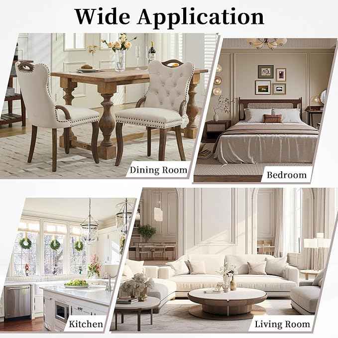 Beige Velvet Dining Chairs Set of 2,Modern Upholstered Dining Room Chairs with Tufted Back and Wood Handles, Curved Solid Wood Legs, Sillas de Comedor