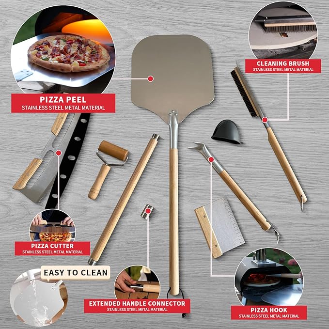 7PCS Pizza Oven Accessories Kit β Premium Pizza Making Tools Set for Home & Outdoor Ovens β Includes Pizza Peel, Oven Brush, Bubble Popper Turner, Rocker Cutter, Dough Roller & Scraper