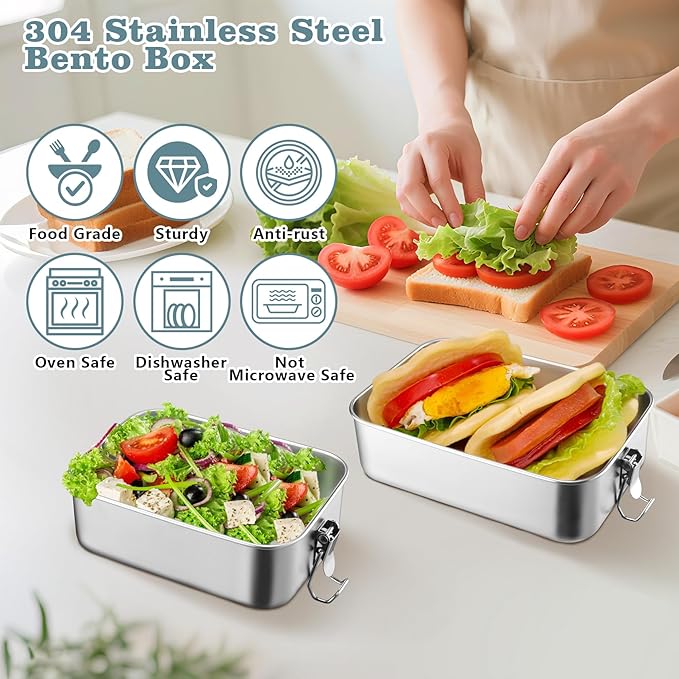 TeamFar Stainless Steel Bento Box, 3 Pack (16, 28 & 47oz) Metal Lunch Box with 3 Compartments for Adults Kids, Lunch Food Containers for School/Work/Meal Prep, Leak-Proof, 550ML+850ml+1400ML