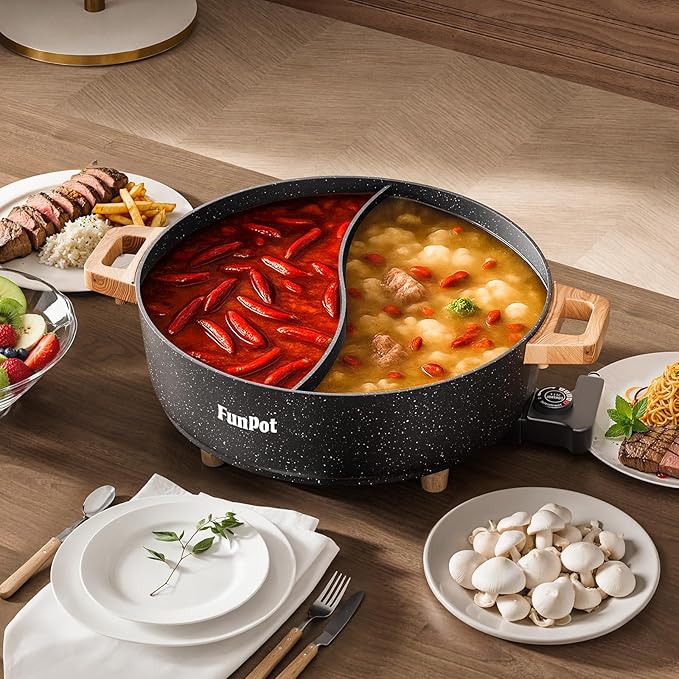 Electric Twin Compartment Hot Pot with Divider, Diamond grid embossed base, 1350W Temperature control, Large 6-Litre Capacity, Compact Woodgrain handles with Hollow Design