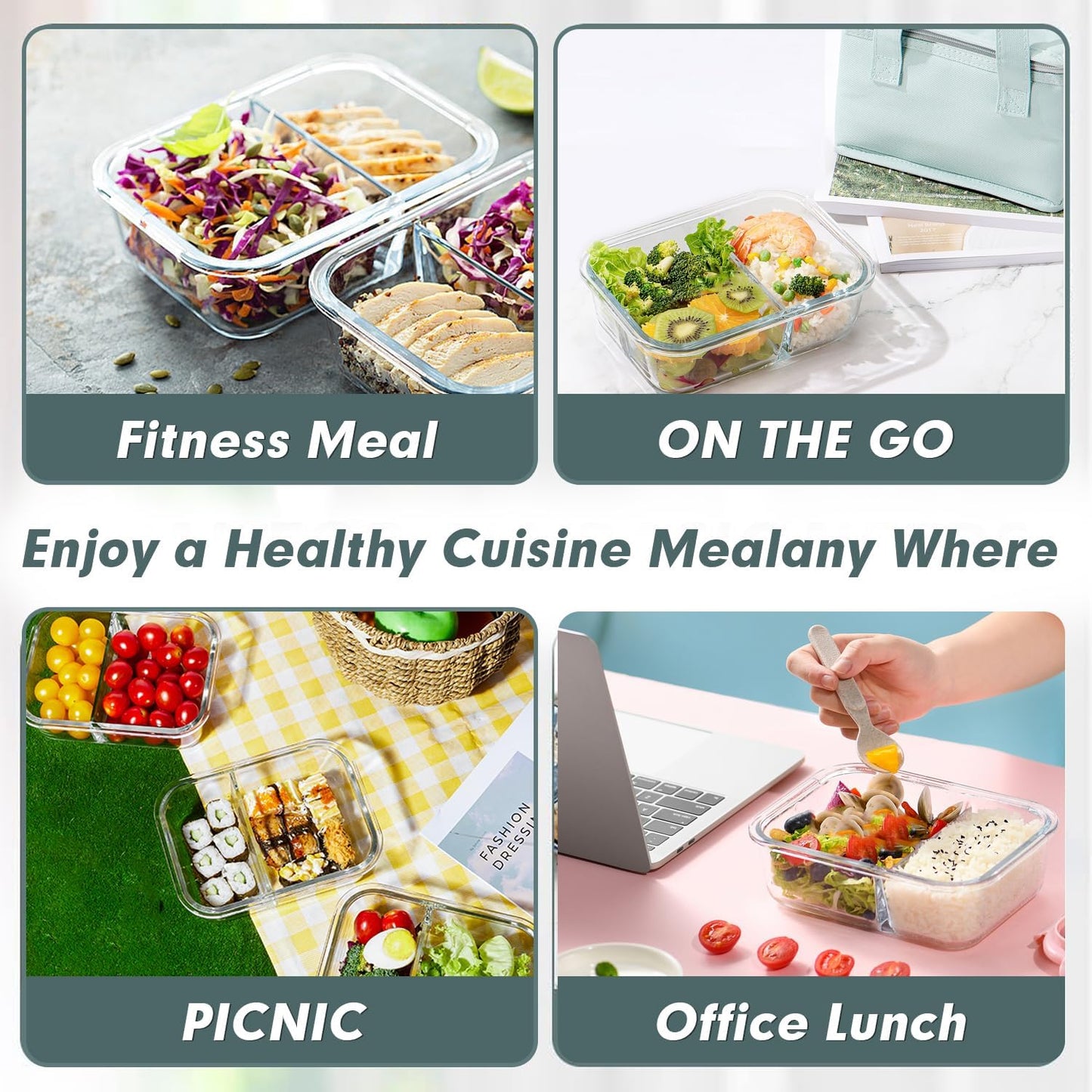 VERONES 10 Pack Glass Meal Prep Containers 2 Compartment Set, 30 OZ Airtight Glass Lunch Containers, Glass Food Storage Containers with Lids, for Microwave, Oven, Freezer & Dishwasher Friendly,Grey