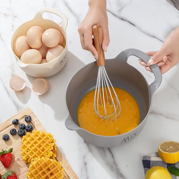 Rae Dunn Non-Slip Mixing Bowls - 4 Piece Nesting Plastic Mixing Bowl Set with Pour Spouts and Handles-Measurement Markings (Grey)