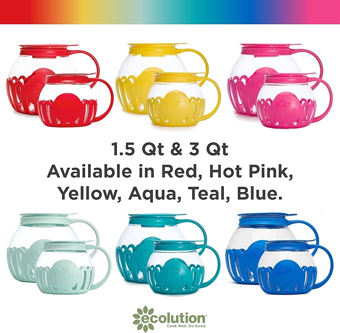 Ecolution Patented Micro-Pop Microwave Popcorn Popper with Temperature Safe Glass, 3-in-1 Lid Measures Kernels and Melts Butter, Made Without BPA, Dishwasher Safe, 3-Quart, Hot Pink