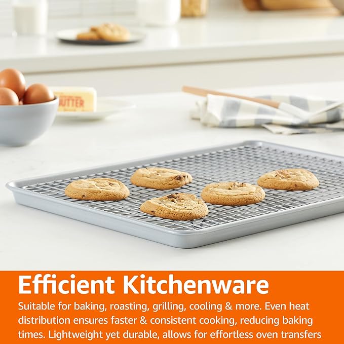 Amazon Basics Ceramic Nonstick Baking Sheet & Cooling Rack Set, Dishwasher Safe, Oven Safe, Half Sheet Size, Gray, 1-Pack
