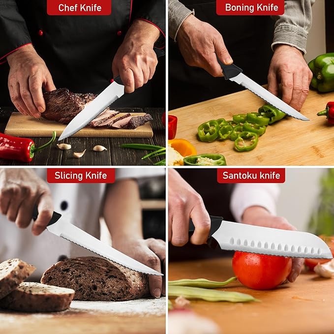 Knife Set With Block, Cutlery Essentials 23 Pieces Kitchen Stainless Steel Knife Block Sets With Cutting Board,Shears,Paring,Utility,Santoku,Steak Knives,Dishwasher Safe Cutlery Block Set