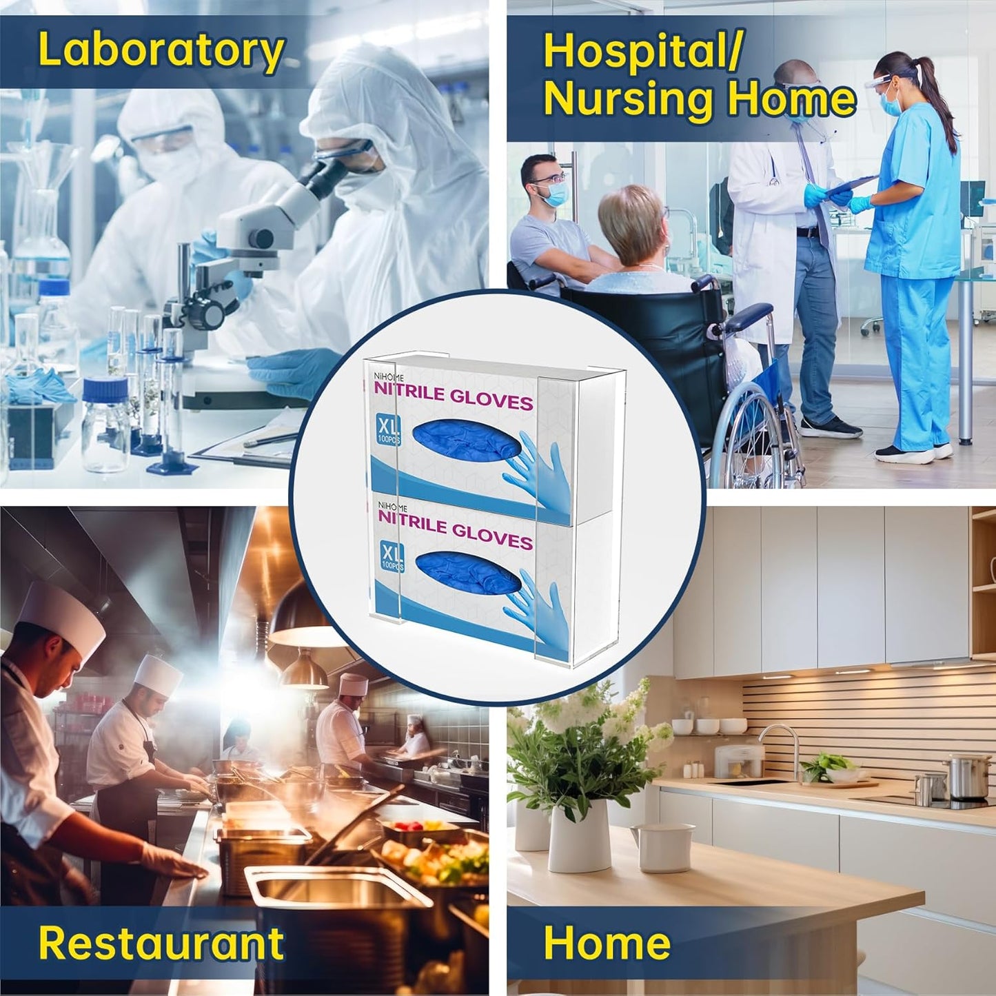 NiHome Multi-Tier Clear Acrylic Wall Mount Glove Box Holder Tissue Box Dispenser for Kitchen, Bathroom, Garage, Lab, Salon, Space-Saving Adjustable Organizer for Gloves, Tissues, Baby Wipes (2-Tier)