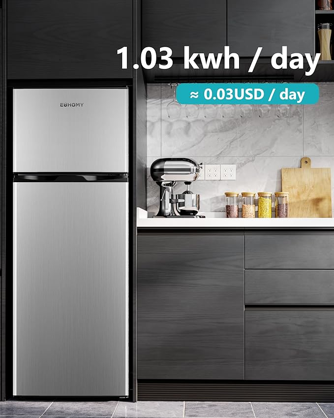 EUHOMY 7.4 Cu.Ft. Refrigerator with Freezer, 2 Door Fridge, Adjustable Thermostat,Large Capacity, Refrigerator for Kitchen/Dorm/Office/Apartment - Food Storage or Cooling drinks, Silver