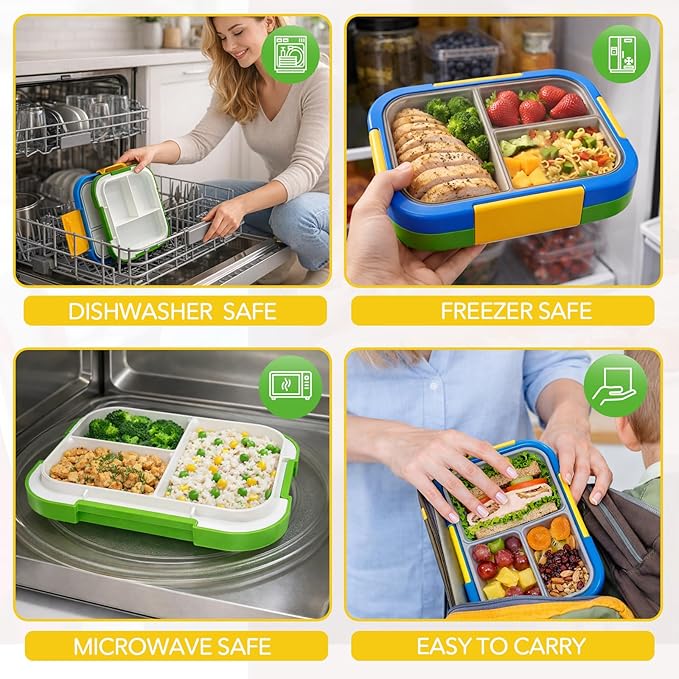 EASYFUN Bento Box Adult, Lunch Box, 3-Compartment Lunch Containers, Drop-Proof, Dishwasher Safe & Made with BPA-Free Materials (Blue green)
