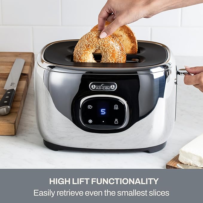 All-Clad Stainless Steel Toaster, 2 Slot, Removable Crumb Tray, 850 Watts, 7 Browning Levels, Intuitive Touchscreen, Extra High Lift, Silver